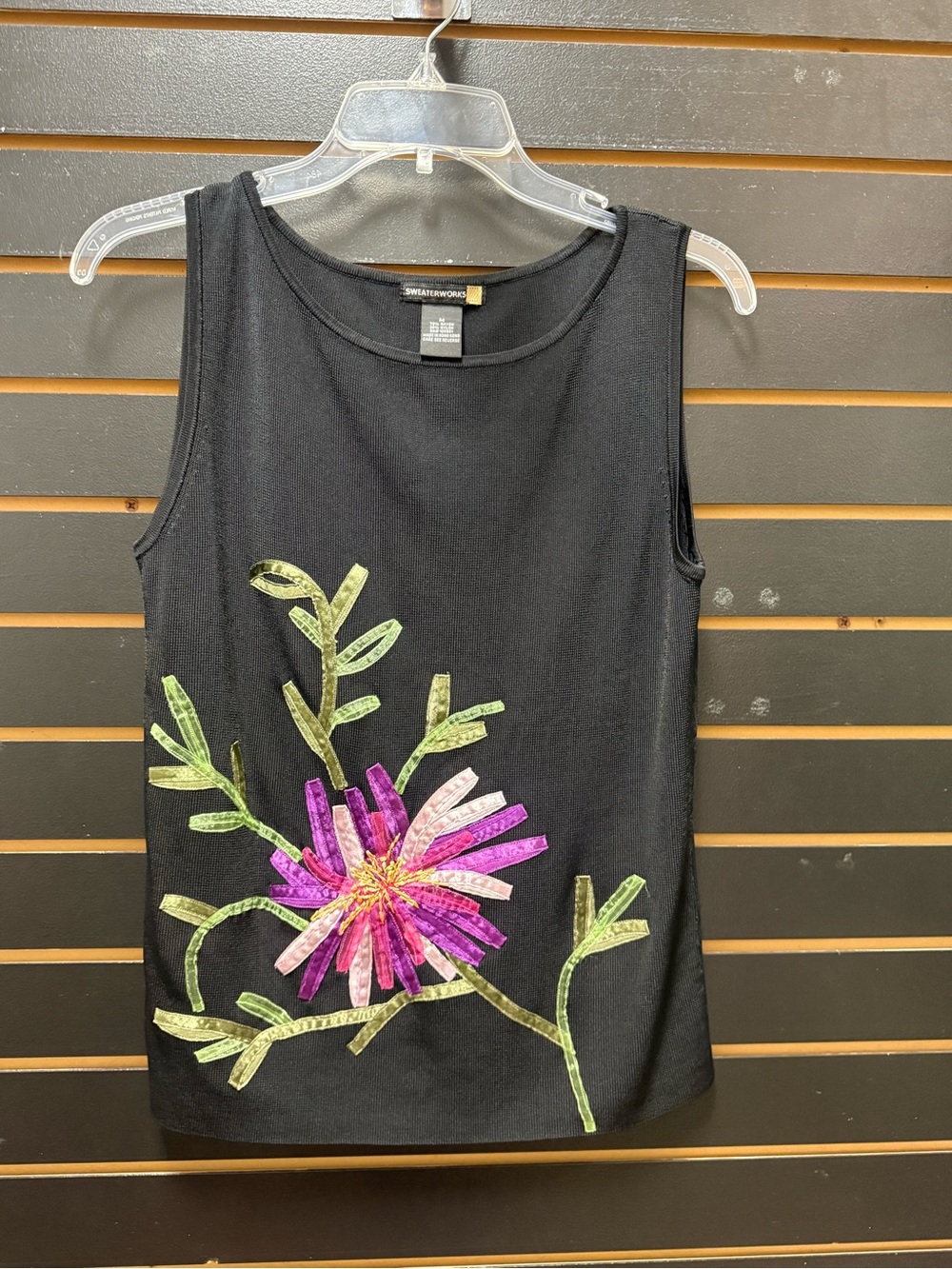 Sweaterworks Black Knit Tank Floral Applique Sleeveless Top M